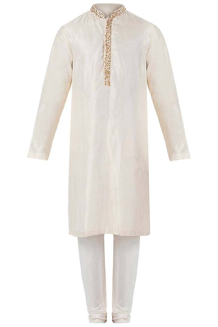 Beige Embroidered Kurta with Pants by SVA BY SONAM & PARAS MODI Men