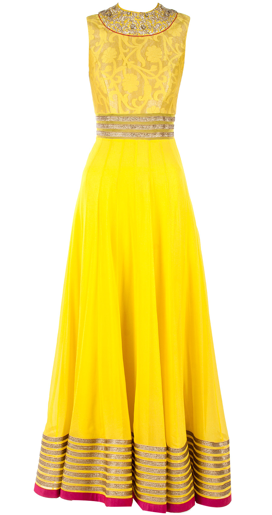 Yellow zardorzi embroidered anarkali set available only at Pernia's Pop-Up Shop.