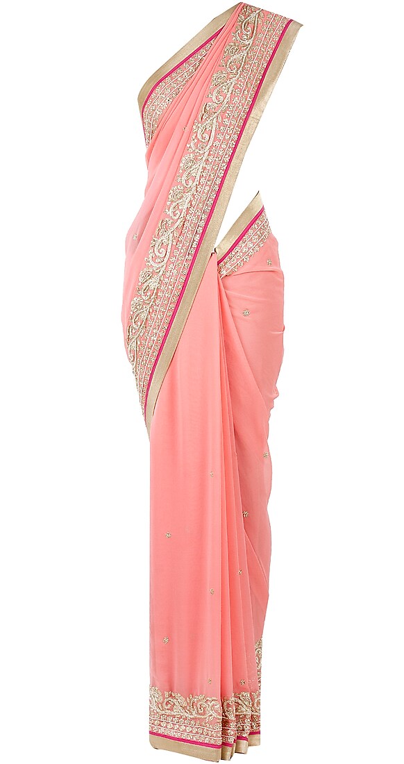 Pink georgette sari with gold border by SVA BY SONAM & PARAS MODI