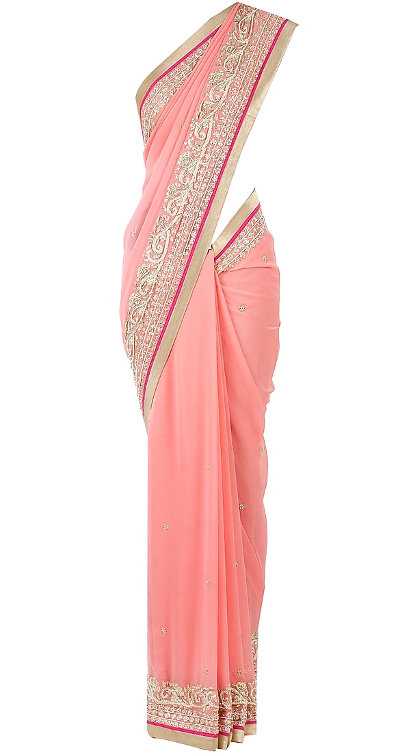 Pink georgette sari with gold border available only at Pernia's Pop-Up Shop.