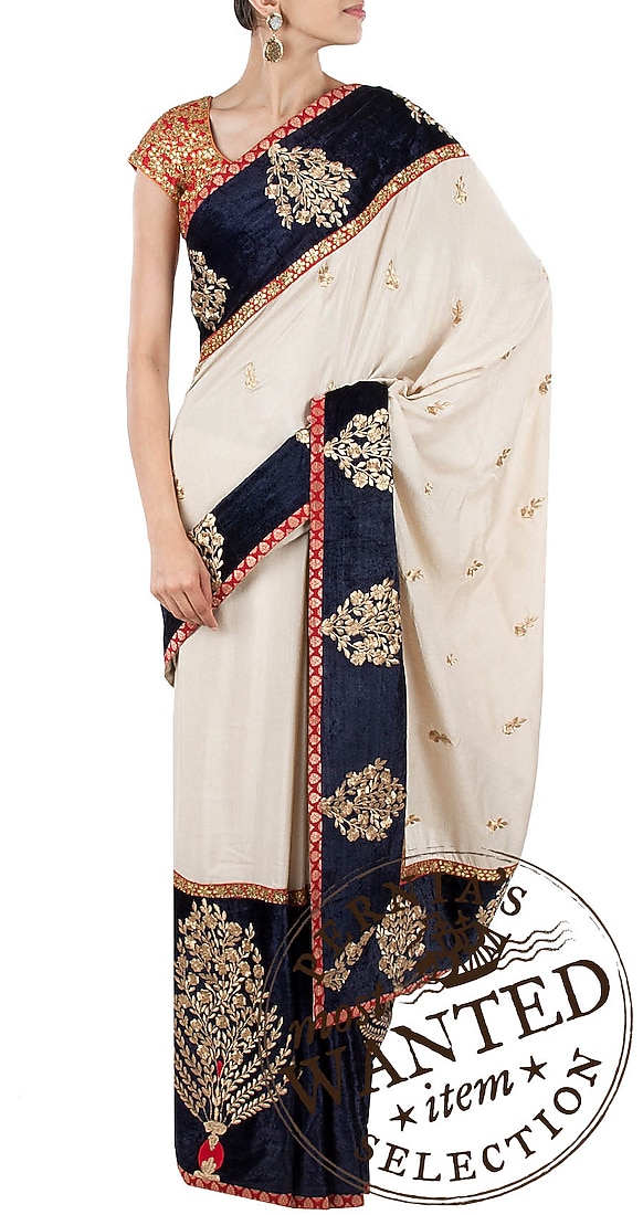Beige and navy blue munga silk sari and gota patti blouse available only at Pernia's Pop-Up Shop.