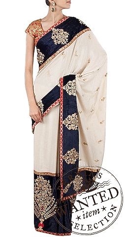 Beige and navy blue munga silk sari and gota patti blouse by SVA BY SONAM & PARAS MODI