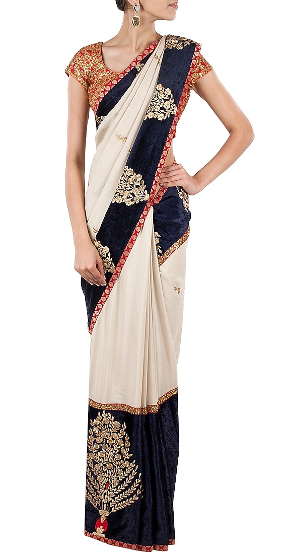 Beige and navy blue munga silk sari and gota patti blouse available only at Pernia's Pop-Up Shop.
