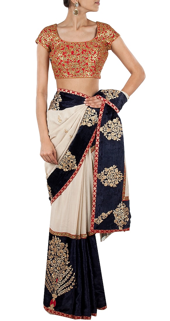 Beige and navy blue munga silk sari and gota patti blouse available only at Pernia's Pop-Up Shop.