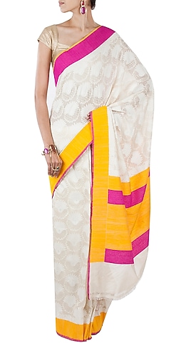 Off white banarsi sari with pink and yellow border by SVA BY SONAM & PARAS MODI