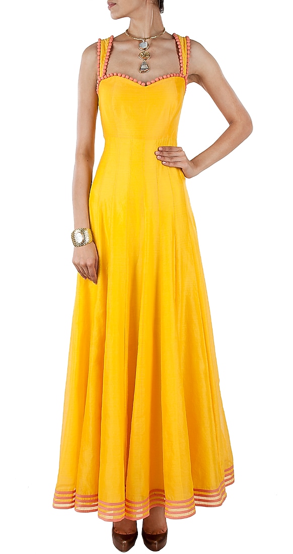 Yellow chanderi floor length anarkali available only at Pernia's Pop-Up Shop.