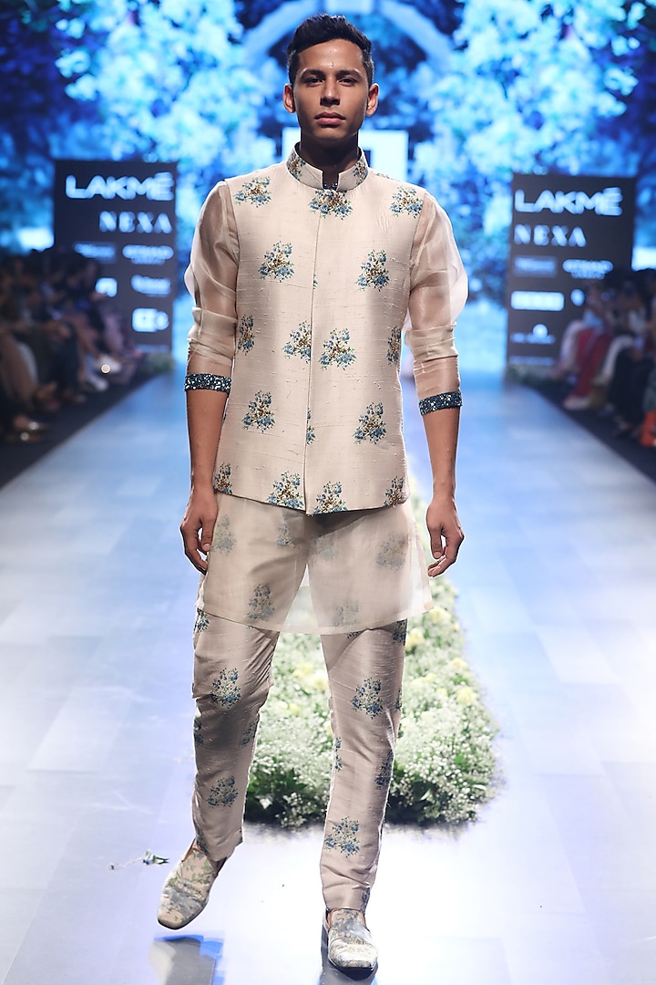 Beige and Blue Embroidered Kurta with Dahlia Print Pleated Pants by SVA BY SONAM & PARAS MODI Men