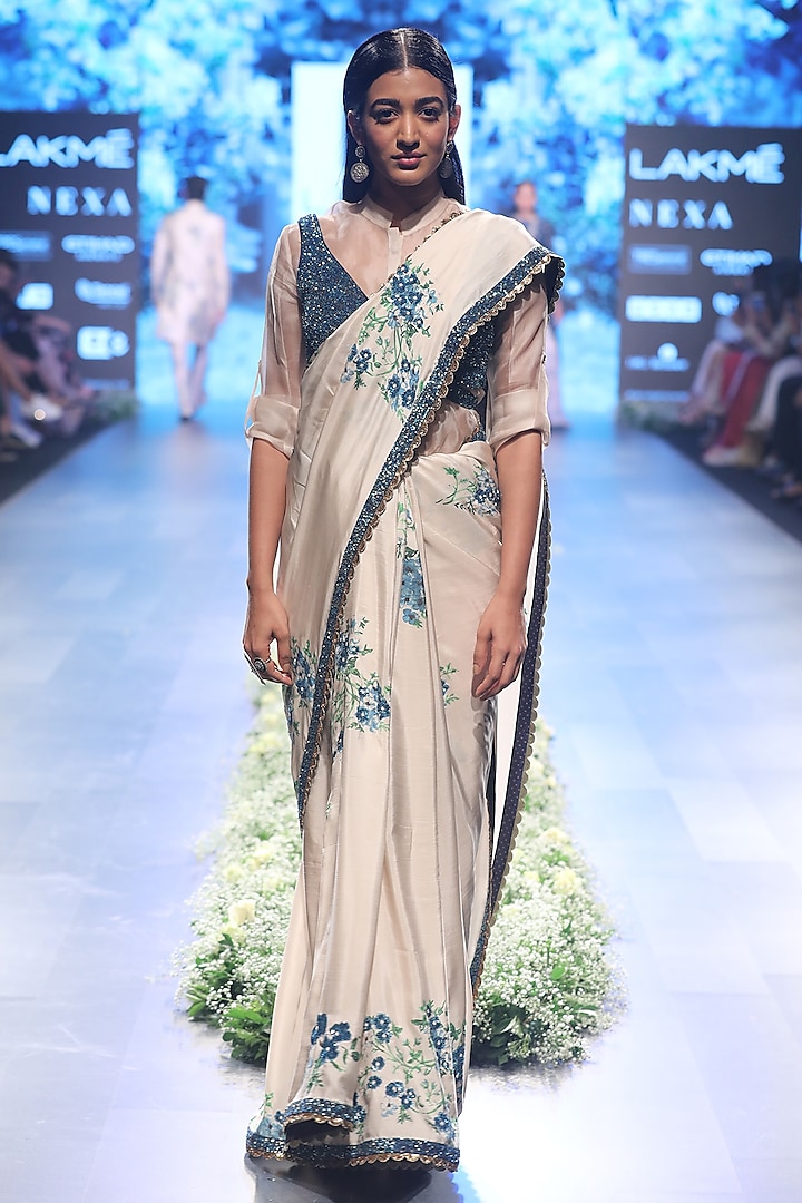 Beige and Blue Embroidered Dahlia Print Saree with Bustier and Shirt by SVA BY SONAM & PARAS MODI