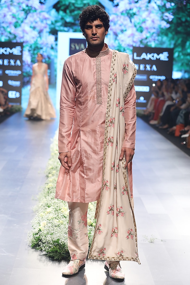 Rose Pink Embroidered Kurta with Dahlia Print Pleated Pants and Dupatta by SVA BY SONAM & PARAS MODI Men