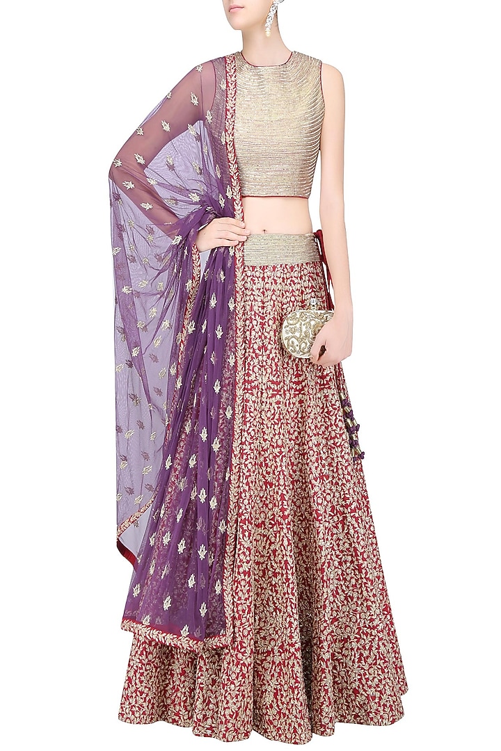 Maroon and gold aari and pita work lehenga set available only at Pernia's Pop Up Shop.