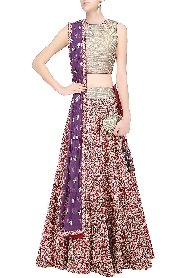 Maroon and gold aari and pita work lehenga set available only at Pernia's Pop Up Shop.