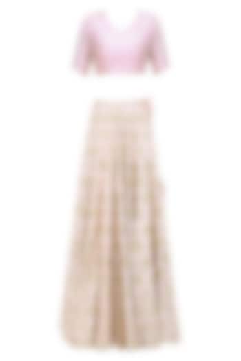 Baby pink and gold floral embroidered lehenga set available only at Pernia's Pop Up Shop.