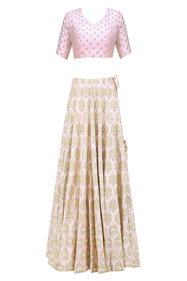 Baby pink and gold floral embroidered lehenga set available only at Pernia's Pop Up Shop.