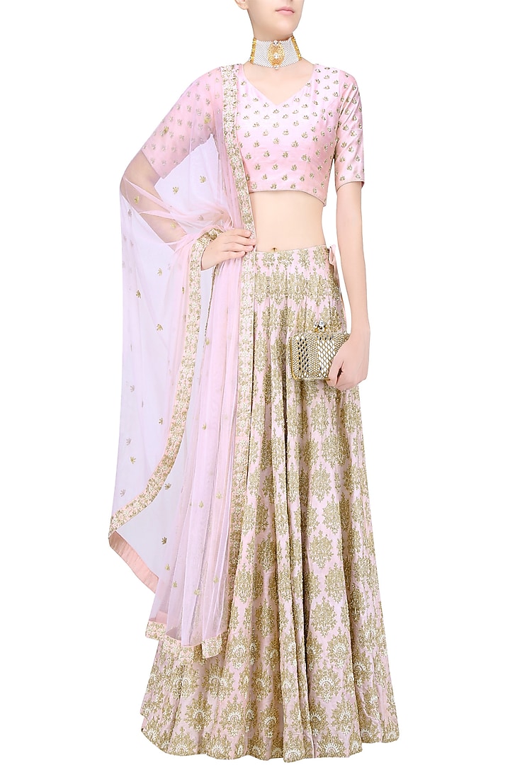 Baby pink and gold floral embroidered lehenga set available only at Pernia's Pop Up Shop.