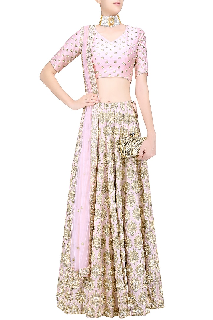 Baby pink and gold floral embroidered lehenga set available only at Pernia's Pop Up Shop.
