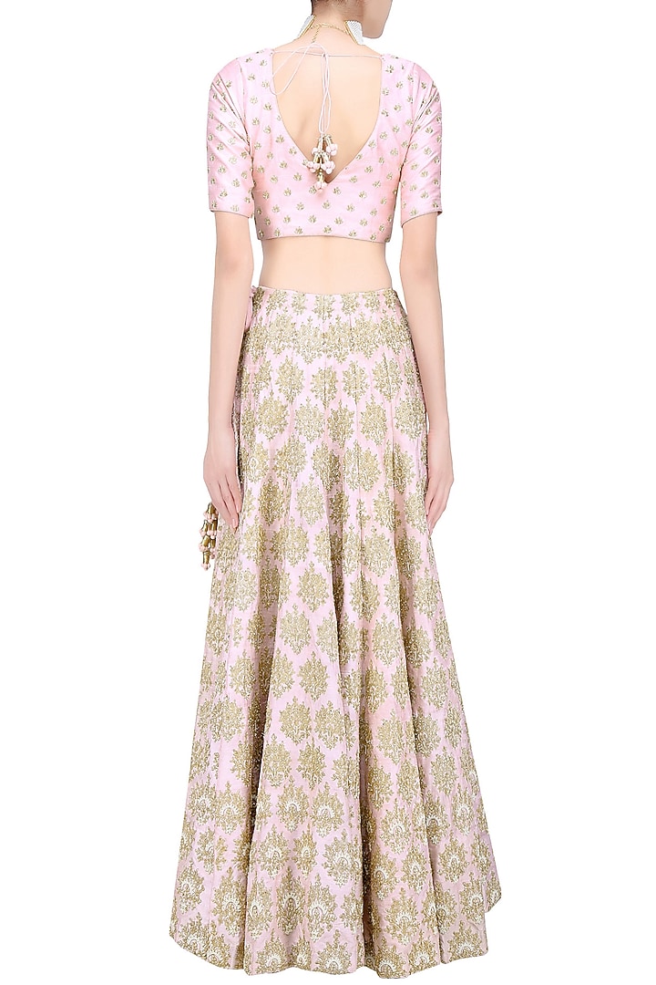 Baby pink and gold floral embroidered lehenga set available only at Pernia's Pop Up Shop.