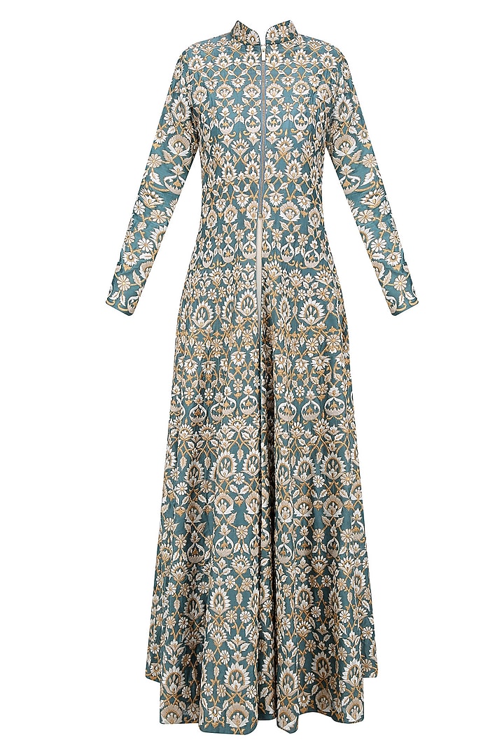 Teal, ivory and gold floral rsham embroidered jacket anarkali available only at Pernia's Pop Up Shop.