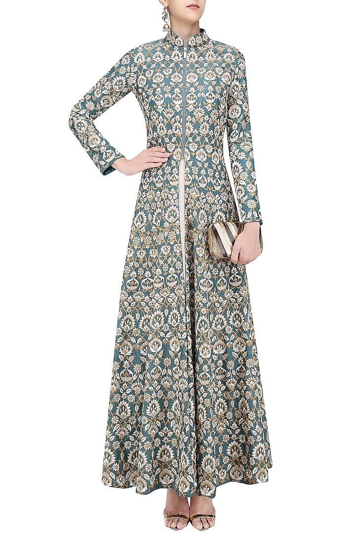 Teal, ivory and gold floral rsham embroidered jacket anarkali available only at Pernia's Pop Up Shop.