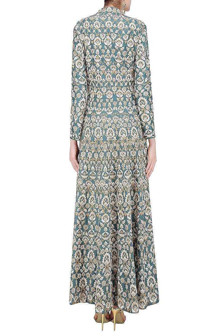 Teal, ivory and gold floral rsham embroidered jacket anarkali available only at Pernia's Pop Up Shop.