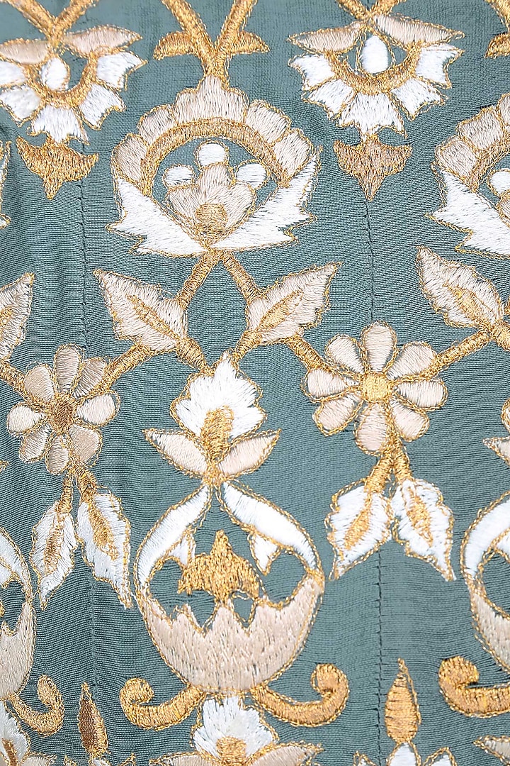 Teal, ivory and gold floral rsham embroidered jacket anarkali available only at Pernia's Pop Up Shop.