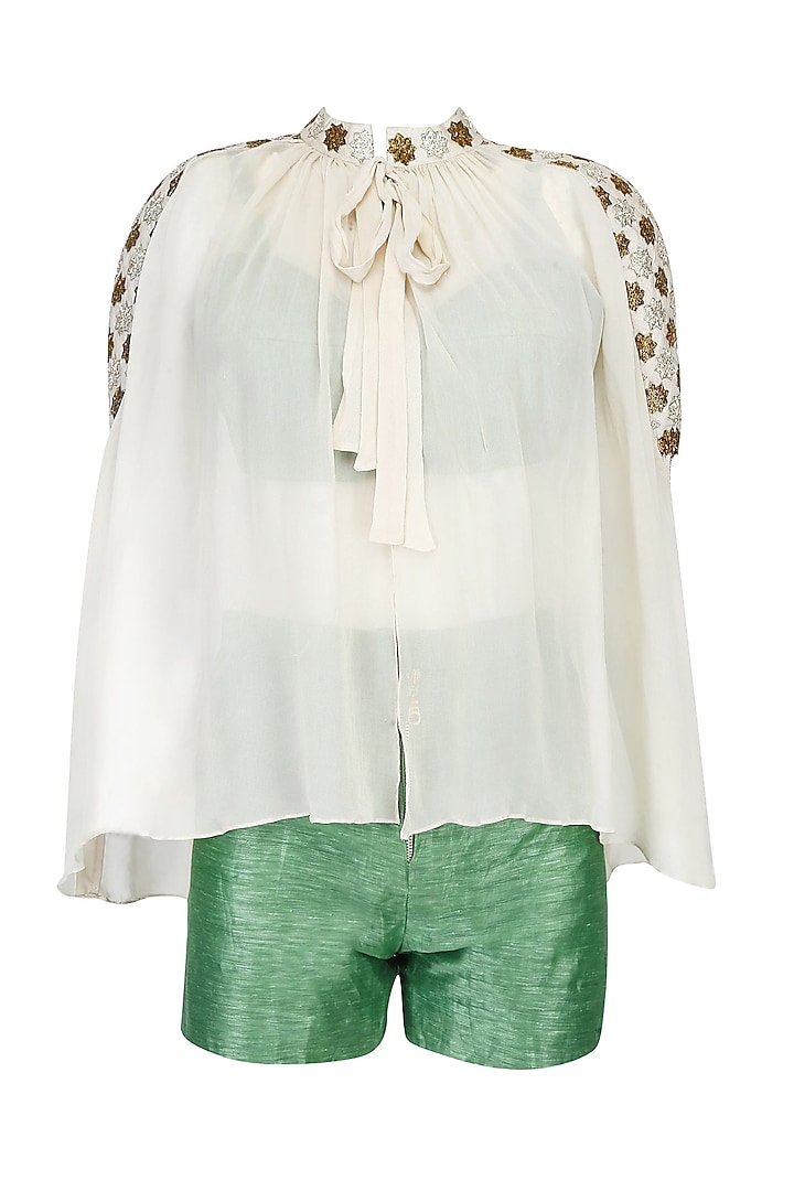 Beige Embroidered Tie Up Cape With Olive Green Bustier And Shorts by SVA BY SONAM & PARAS MODI