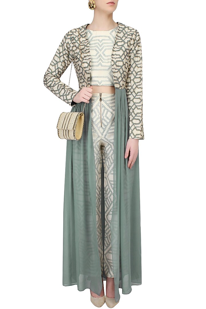 Teal printed embroidered flare jacket with teal printed crop top and pants available only at Pernia's Pop Up Shop.