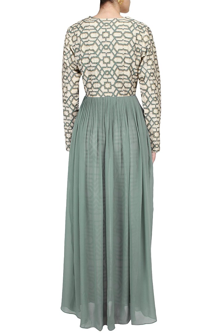 Teal printed embroidered flare jacket with teal printed crop top and pants available only at Pernia's Pop Up Shop.