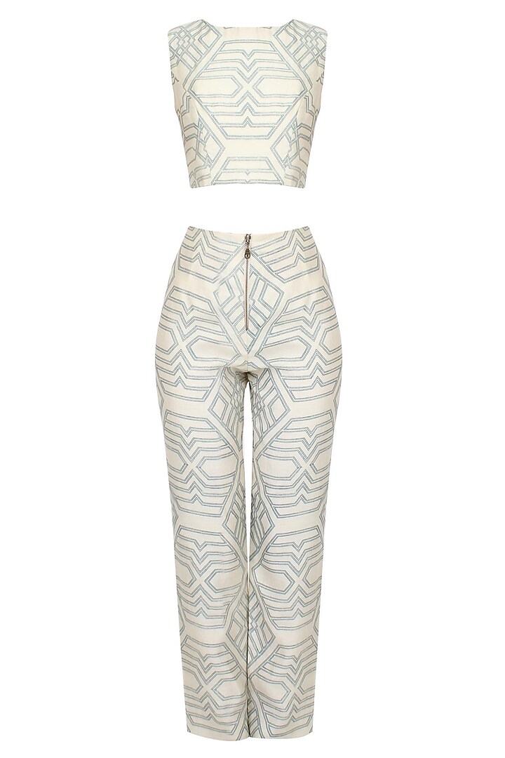 Teal printed embroidered flare jacket with teal printed crop top and pants available only at Pernia's Pop Up Shop.