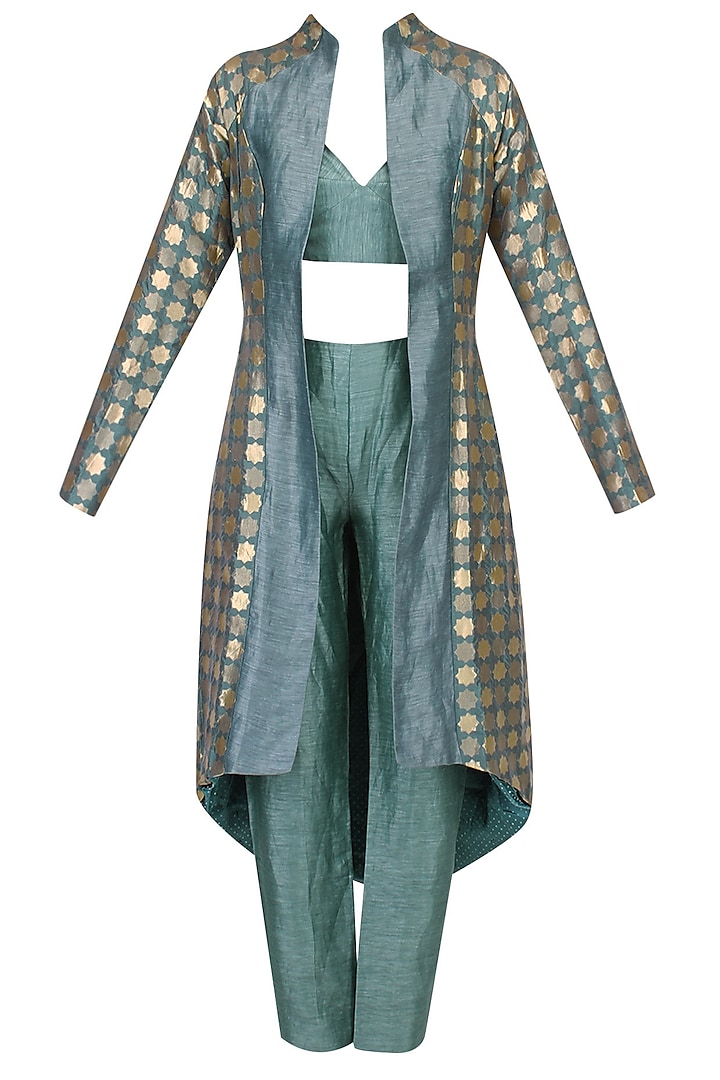 Teal And Gold Brocade Panelled Jacket by SVA BY SONAM & PARAS MODI