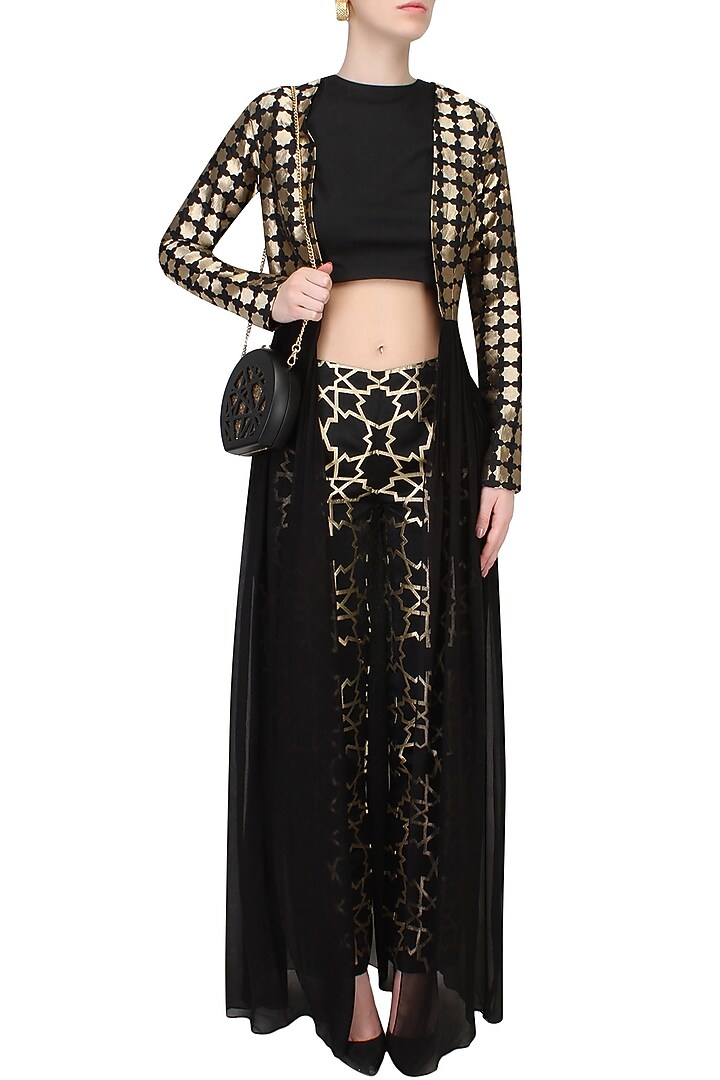 Black brocade open flared jacket with black crop top available only at Pernia's Pop Up Shop.