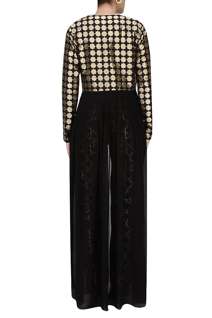 Black brocade open flared jacket with black crop top available only at Pernia's Pop Up Shop.