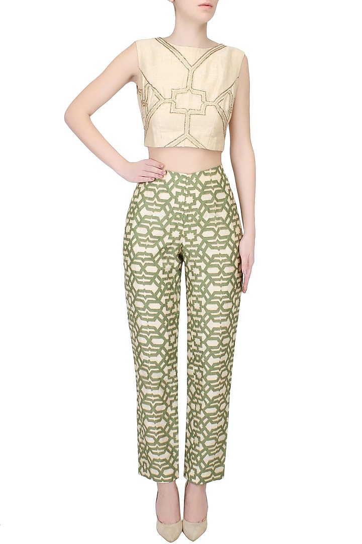 Olive printed zari embroidered pants available only at Pernia's Pop Up Shop.