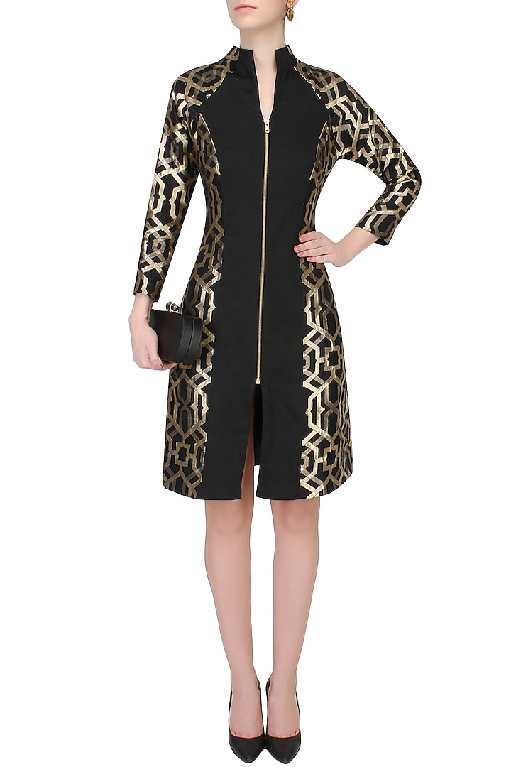 Black and gold brocade A-line dress available only at Pernia's Pop Up Shop.