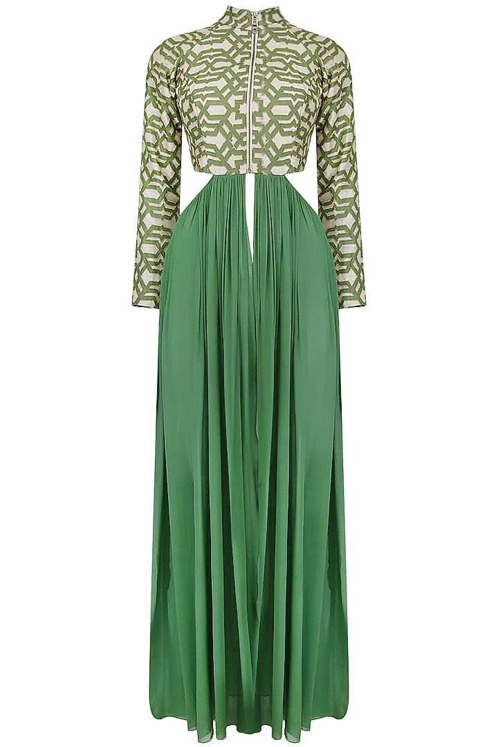 Olive geometric print highlighted cut out flared tunic available only at Pernia's Pop Up Shop.