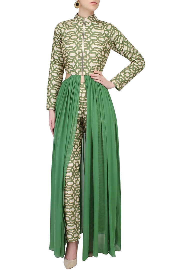 Olive geometric print highlighted cut out flared tunic available only at Pernia's Pop Up Shop.