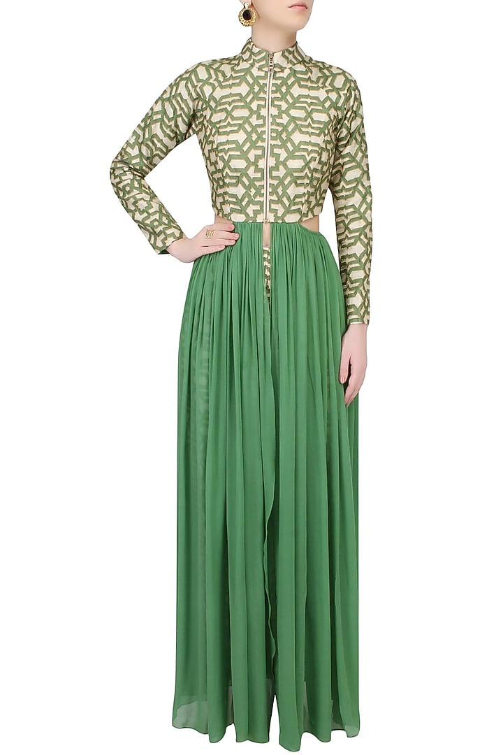 Olive geometric print highlighted cut out flared tunic available only at Pernia's Pop Up Shop.