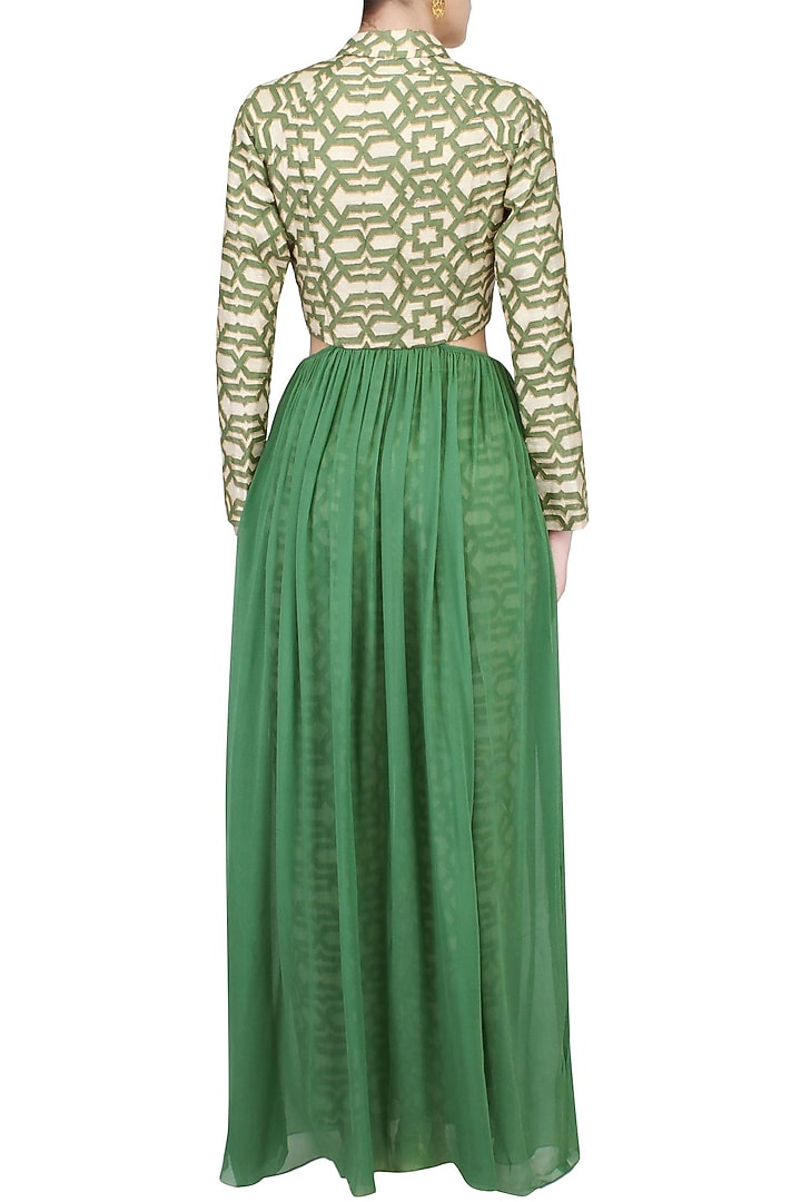 Olive geometric print highlighted cut out flared tunic available only at Pernia's Pop Up Shop.
