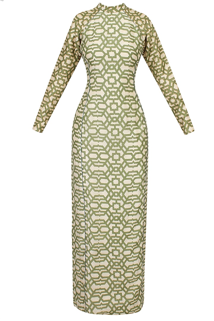 Olive Printed Full Length Maxi Dress by SVA BY SONAM & PARAS MODI