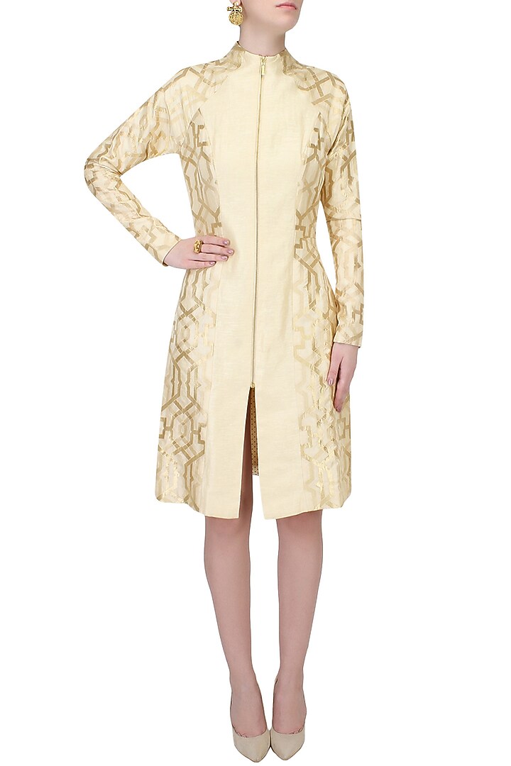 Beige and gold brocade front panel zipper dress available only at Pernia's Pop Up Shop.