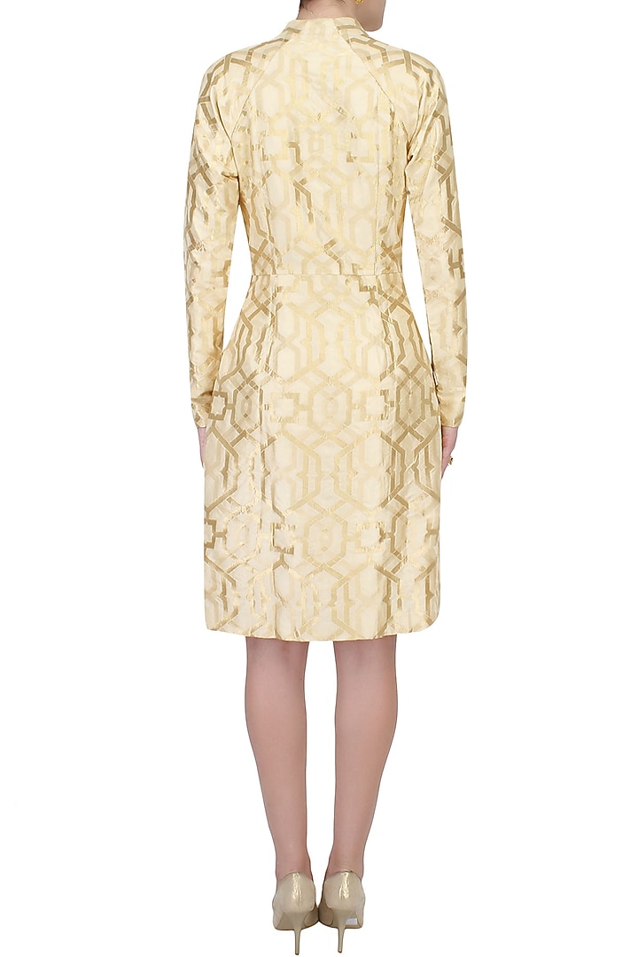Beige and gold brocade front panel zipper dress available only at Pernia's Pop Up Shop.