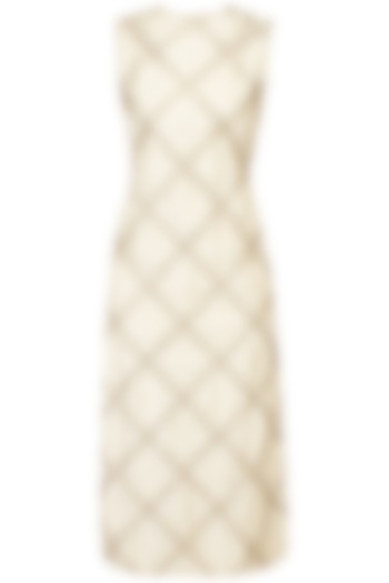 Beige criss cross embroidered calf length dress available only at Pernia's Pop Up Shop.