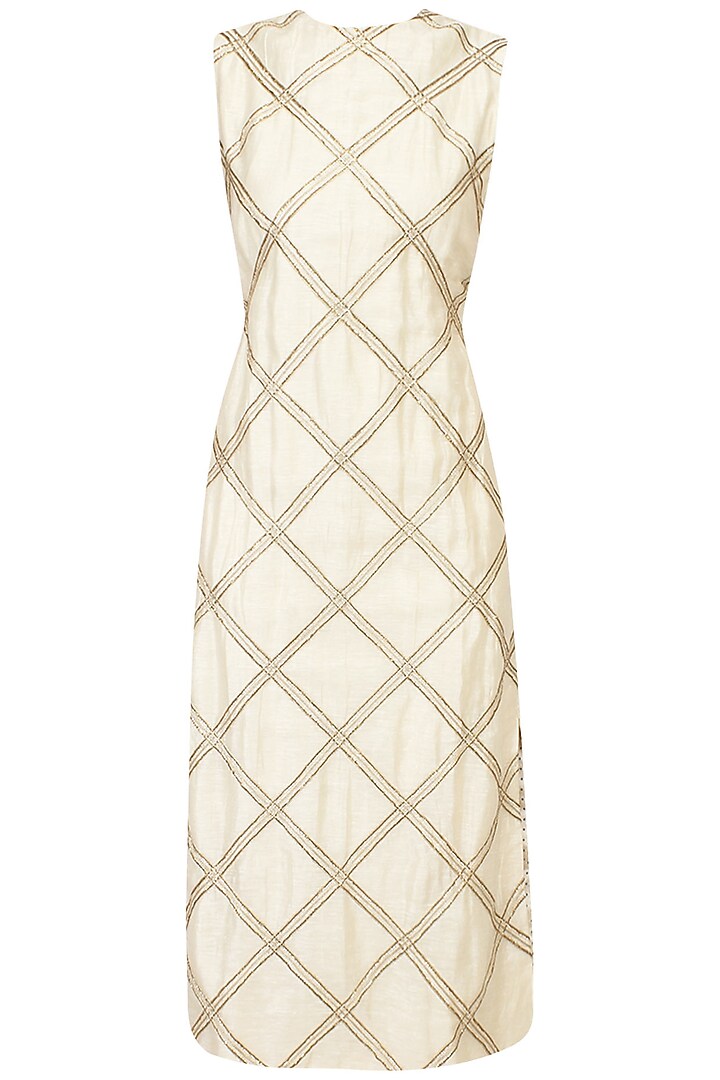 Beige criss cross embroidered calf length dress available only at Pernia's Pop Up Shop.