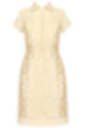 Beige And Gold Brocade Applique Work A Line Short Dress by SVA BY SONAM & PARAS MODI