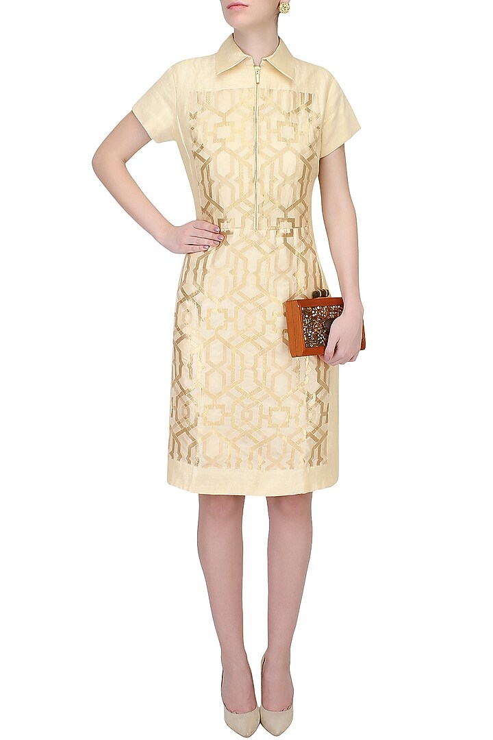 Beige and gold brocade applique work A line short dress available only at Pernia's Pop Up Shop.