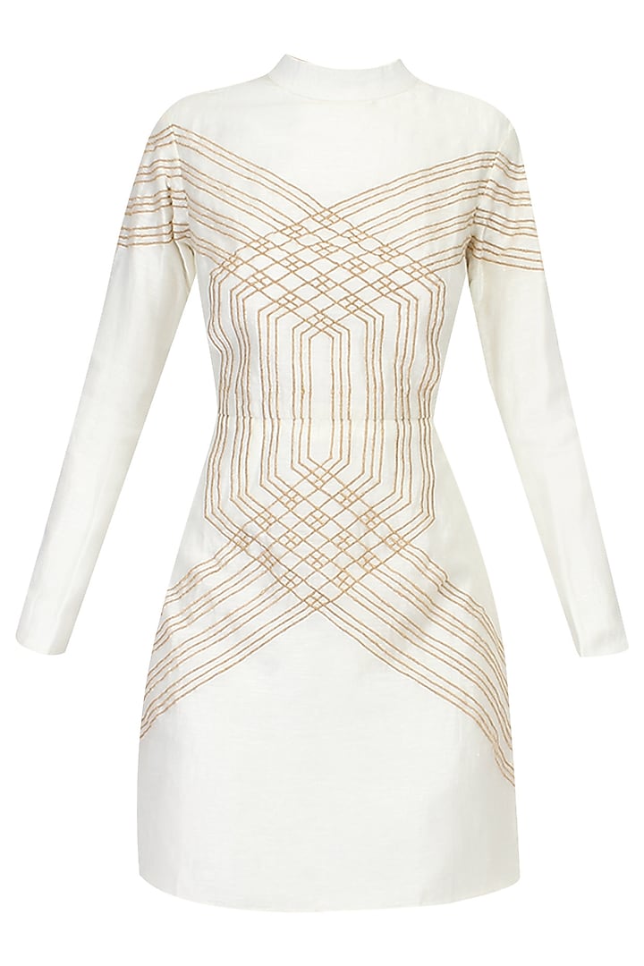 Off White And Gold Overlap Embroidered High Neck Dress by SVA BY SONAM & PARAS MODI