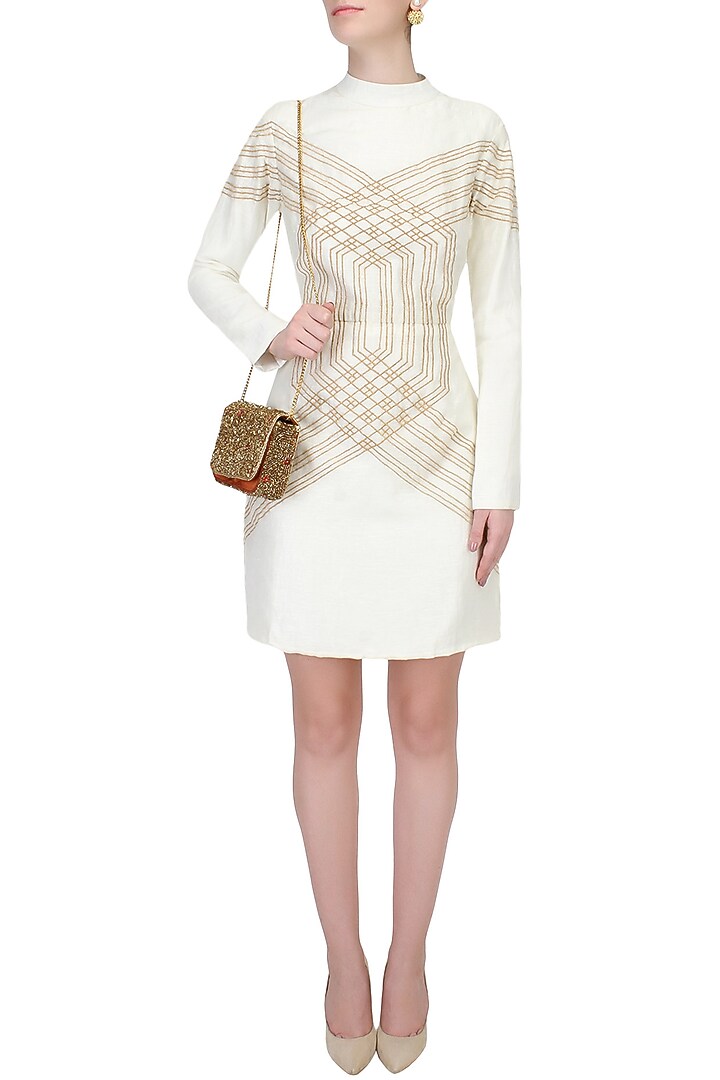 Off white and gold overlap embroidered high neck dress available only at Pernia's Pop Up Shop.