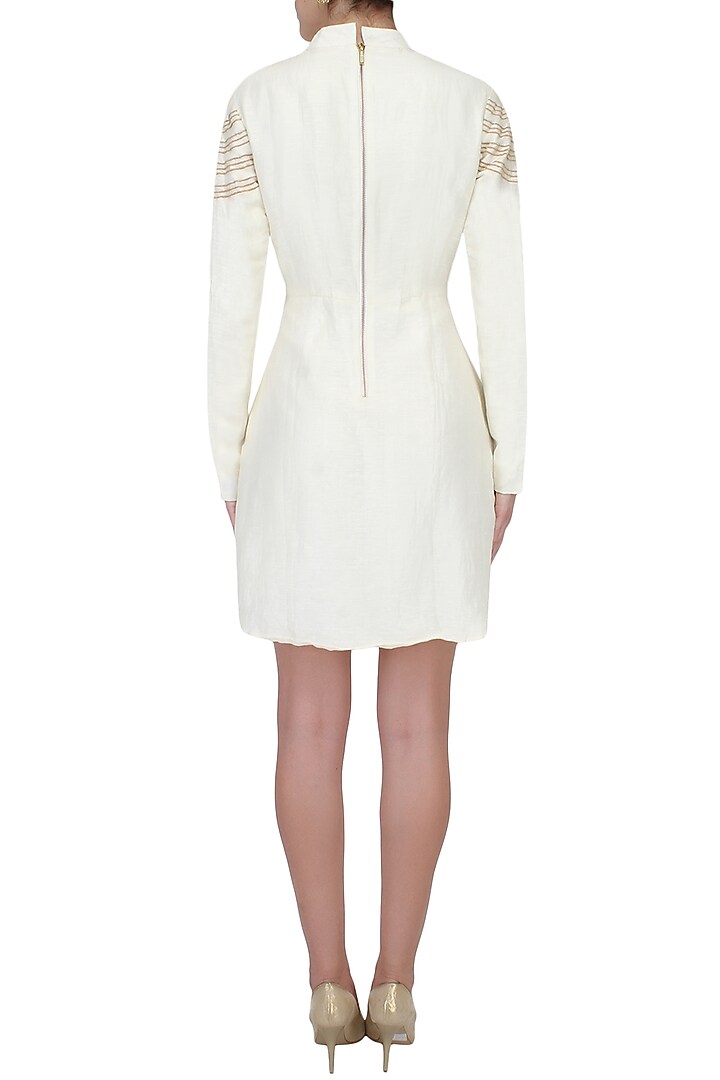 Off white and gold overlap embroidered high neck dress available only at Pernia's Pop Up Shop.