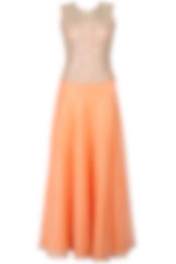 Peach embroidered low waist floor length anarkali available only at Pernia's Pop-Up Shop.