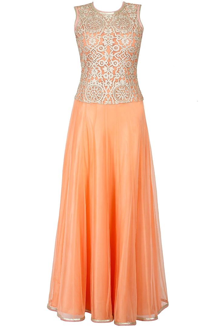 Peach embroidered low waist floor length anarkali available only at Pernia's Pop-Up Shop.