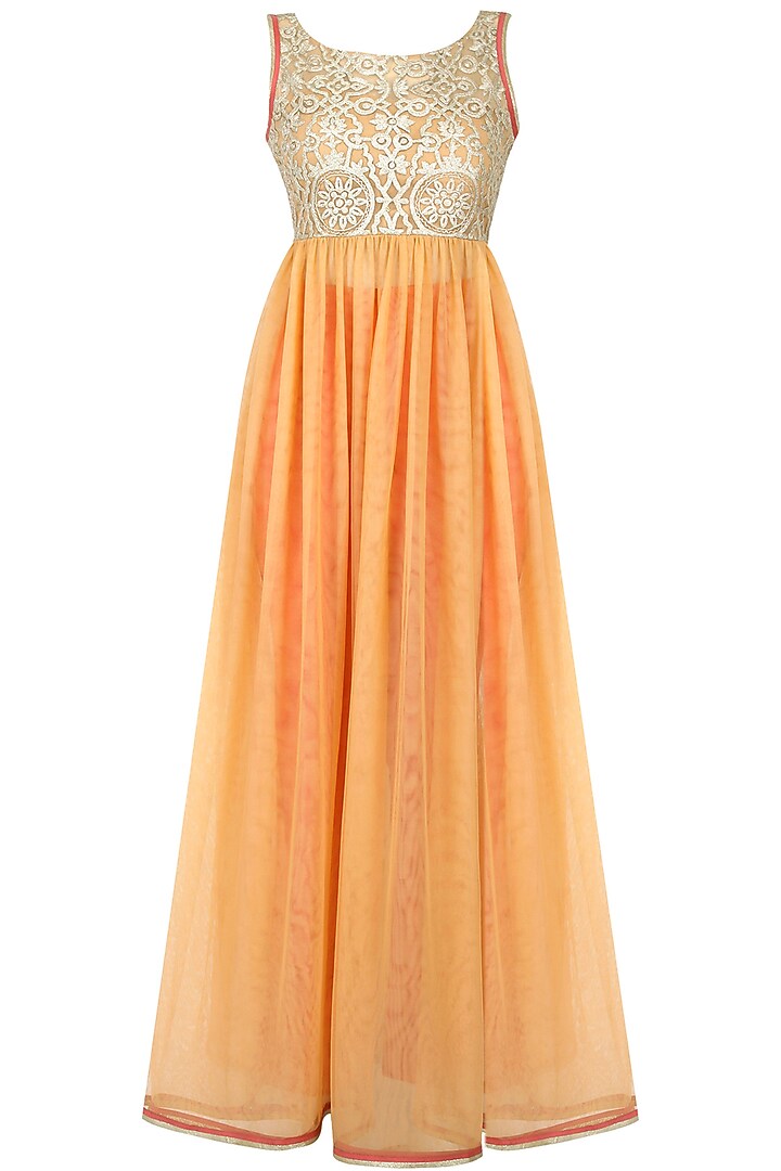 Beige aari embroidered sheer anarkali set available only at Pernia's Pop-Up Shop.